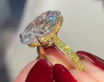Versteckter Halo Ovaler Moissanit Verlobungsring 3 CT Ovaler Solitärring Einzigartiges gelbes Diamantband handgefertigter Schmuck Dankesgeschenk für Frauen