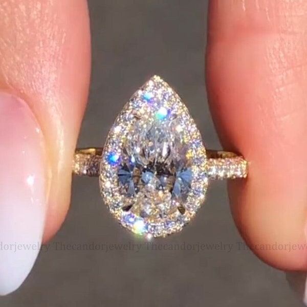 Bague de fiançailles en moissanite taille poire 2 carats Bague de fiançailles en moissanite poire et halo de diamants vintage Artdeco vintage Bague avec sertissage pavé unique, cadeau de Noël pour femme