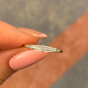 Tapered Baguette Diamond Ring Unique Geometric Engagement Ring Yellow Gold Wedding Band Women Minimalist Diamond Ring Anniversary Gift