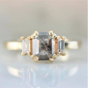 1.80 Ct Emerald Cut Salt and Pepper Ring Vintage Natural Diamond Ring Matching Ring Raw Diamond Engagement Ring 14K/18K Gold Ring for her