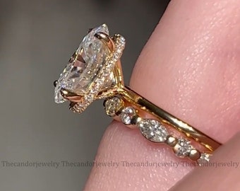 Ensemble de bagues de fiançailles en moissanite ovales de 3,50 carats en or massif 14 carats pour elle Bague de mariage avec anneau rond et marquise pour femme