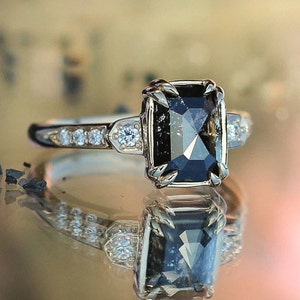 Custom Salt and Pepper Diamond Ring, Raw Salt and Pepper diamond Engagement ring, Emerald Cut Diamond Engagement Ring, Emerald Cut Ring