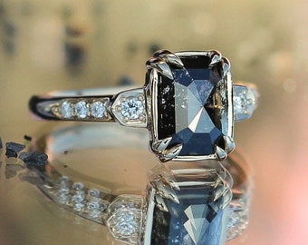 Custom Salt and Pepper Diamond Ring, Raw Salt and Pepper diamond Engagement ring, Emerald Cut Diamond Engagement Ring, Emerald Cut Ring
