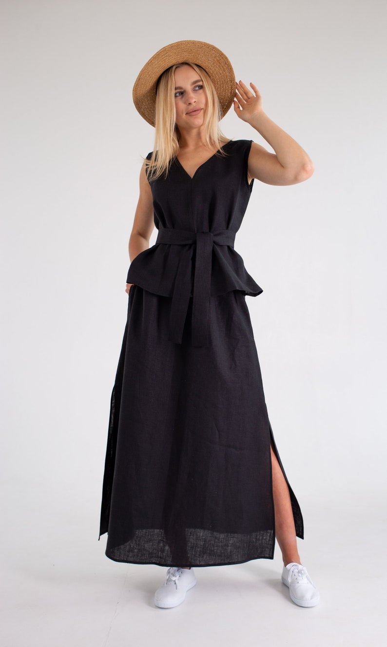 Black long linen skirt with pockets.Summer maxi linen skirt.