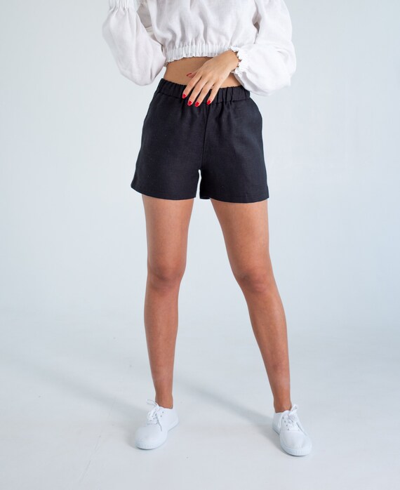 Black Linen Shorts With Pockets for 
