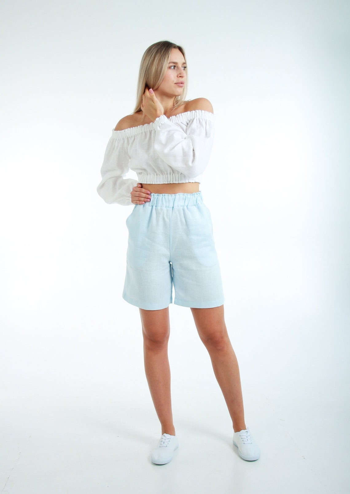 Linen shorts for womenBlue Linen shortLong linen shorts Etsy