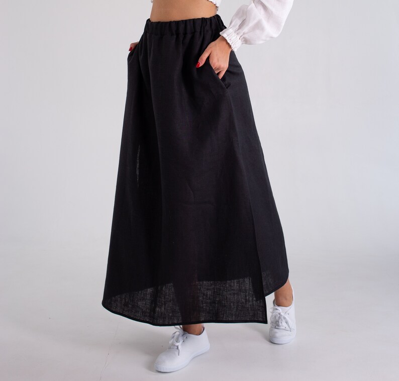 Black long linen skirt with pockets.Summer maxi linen skirt.