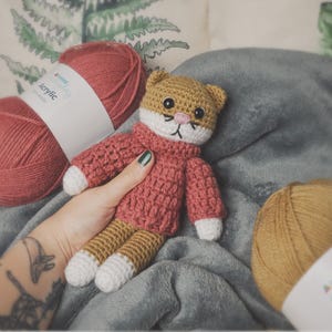 Schema all'uncinetto Garry il gatto con il maglione.Schema amigurumi per gatto arancione/rosso-bianco.Da indossare e da togliere.Peluche fai da te.Istruzioni per lavorare all'uncinetto