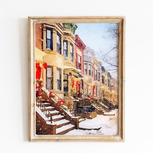 Snowy Christmas in Park Slope NYC Art Print | Brownstone | Brooklyn Art | NYC Wall Art | New York Watercolor | Impressionist Watercolor