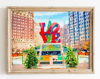 Christmas Love Park Philadelphia Watercolor Print, Pennsylvania Wall Art Print, Philadelphia City Landscape Painting, Philadelphia Skyline