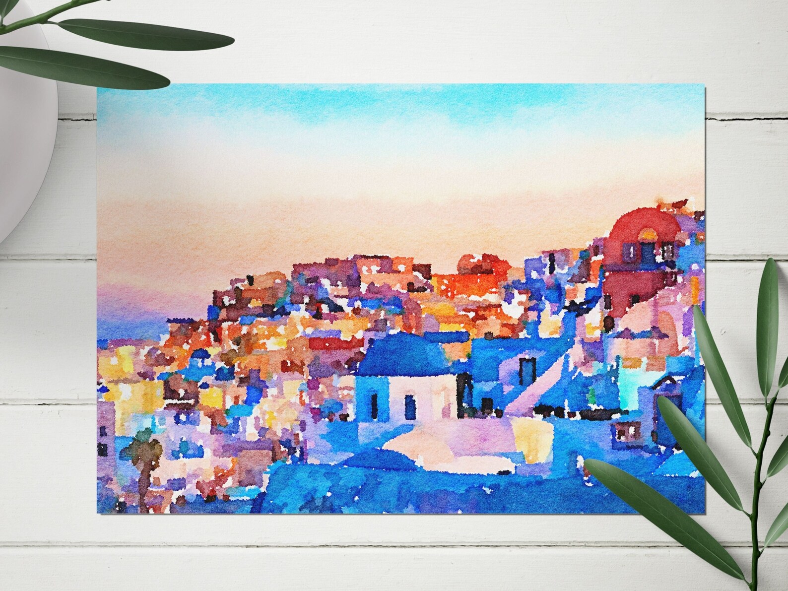 Santorini Impressionist Watercolor Art Print, Mediterranean Style