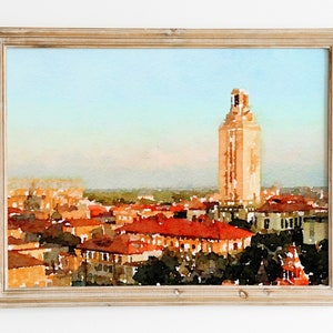 The University of Texas Watercolor Print, Austin Texas Impressionist Painting, Austin Home Decor Gift, Texas Wall Art, Texas Travel Poster