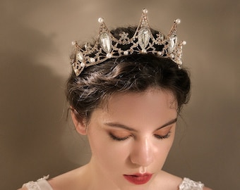 Golden Flower Bridal Headdress|Crystal Bridal Headdress|Baroque Bridal Headdress|Golden Hair Accessories|Pearl Crown|Crown|Hair band