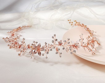 Cintura nuziale minimalista, fascia di vite nuziale in oro rosa, fascia di fiori di cristallo, fascia da sposa floreale, cintura nuziale, fascia damigella d'onore