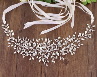 Minimalistische bruidsgordel, zilveren bruidsgordel, bloemenriem, strass trouwgordel, bruidsgordel, zilveren bruidsgordel