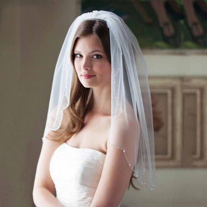 bridal veil Wedding Veil hair comb Single veil soft tulle white bridal short veil pearl rhinestone edges ivory color
