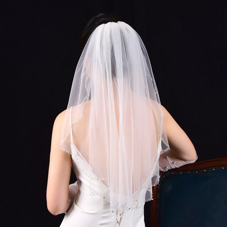 bridal veil Wedding Veil hair comb Single veil soft tulle white bridal short veil pearl rhinestone edges ivory color