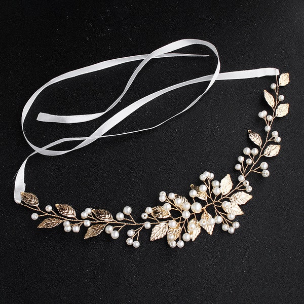 Vignes de mariage, bandeau de perle, bandeau de feuille d’or, accessoires de cheveux dorés de mariée, accessoires faits main de cheveux, accessoires de cheveux de mariage