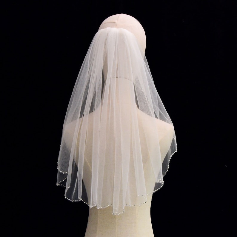 bridal veil Wedding Veil hair comb Single veil soft tulle white bridal short veil pearl rhinestone edges ivory color