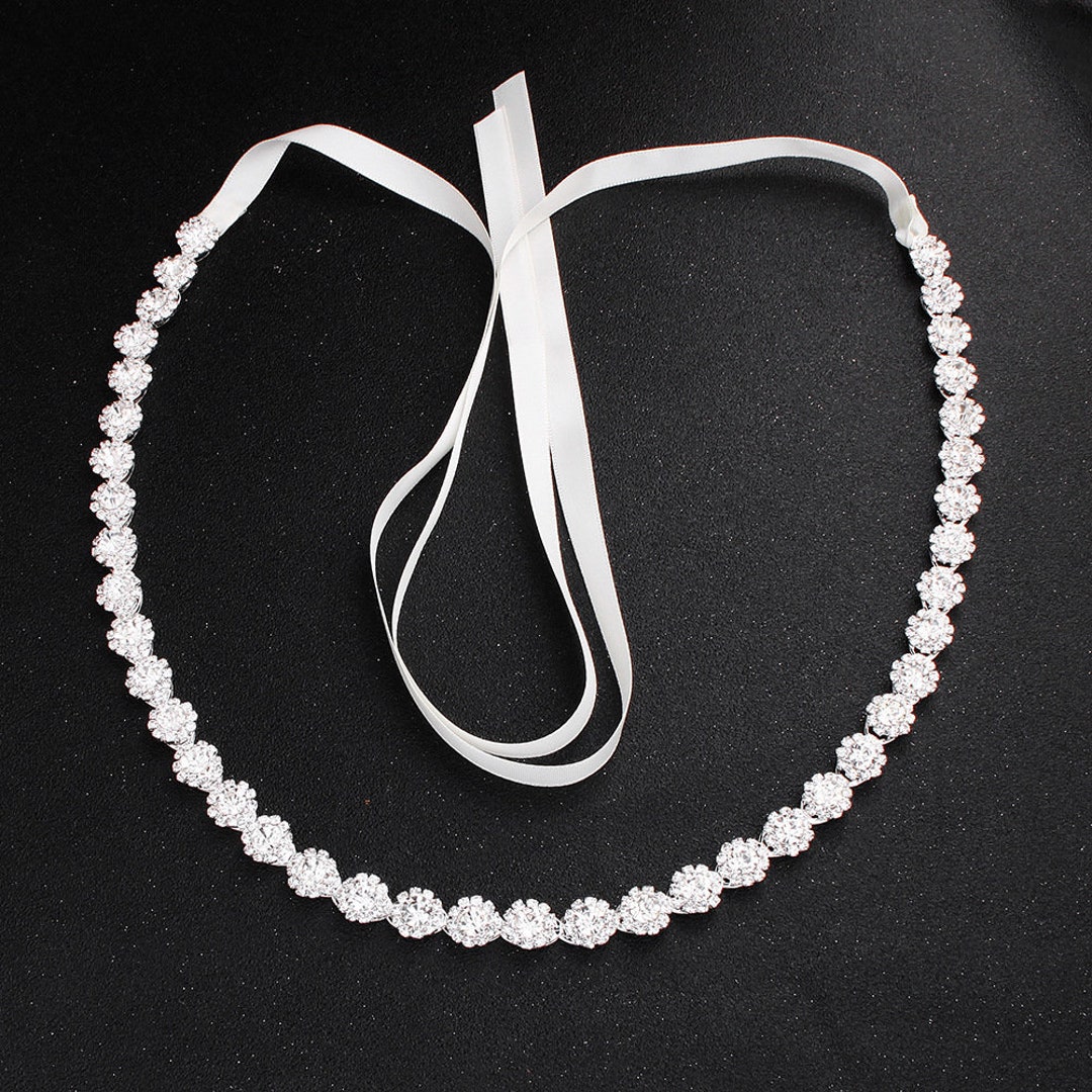 4610BT-I-S Slender Silver Bridal Belt with Austrian Crystals & Ivory Ribbon main image 0