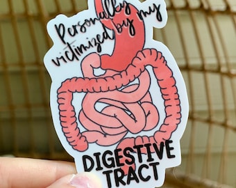May include: A white sticker with a pink cartoon illustration of the digestive system. The text "Personally victimized by my DIGESTIVE TRACT" is written in black.