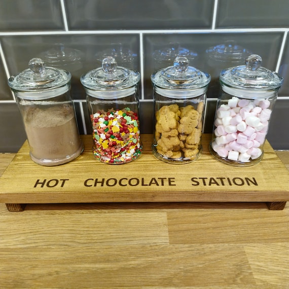 Hot Chocolate station, Hot chocolate Bar, station, Hot cocoa station, countertop table riser, christmas decor, glass kitchen storage jars