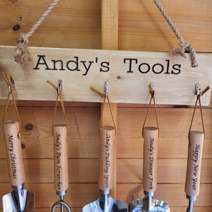 Personalised garden hand tools, trowel, fork, rake, gardeners gift, allotment, garden lovers, gardening tool set, hanger, laser engraved