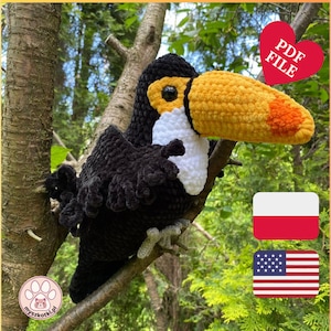 Tuki the Toucan Bird crochet PATTERN PDF by Myszkotki | Amigurumi pattern in English | Black jungle bird