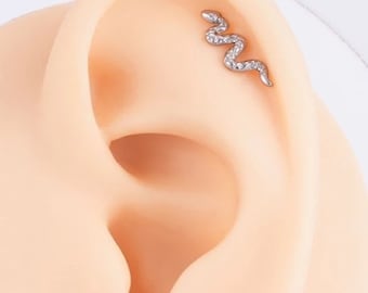 May include: A silver-colored snake-shaped earring with clear, sparkling stones. The earring is a helix piercing, and is set against the backdrop of a light skin-toned ear.