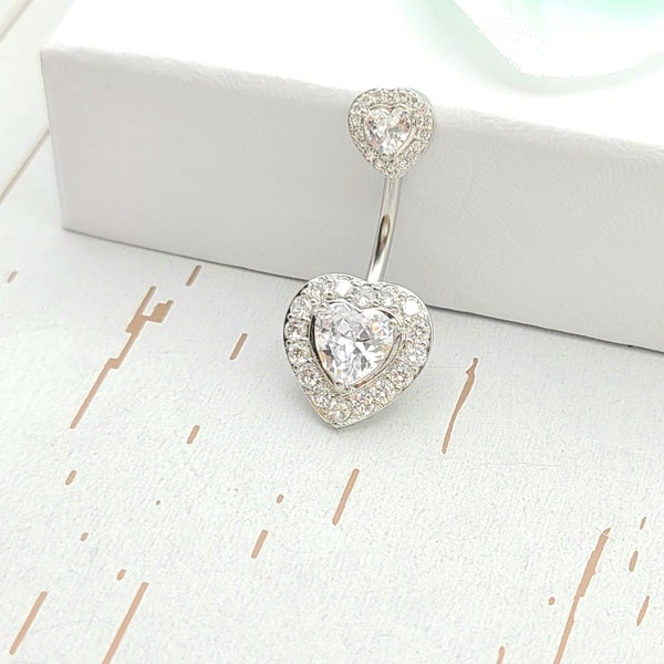 14G Cubic Zirconia Heart Belly Ring.  Belly Ring. Silver Heart  Belly Ring. 316L surgical steel Silver  Belly Ring. Body Ring.