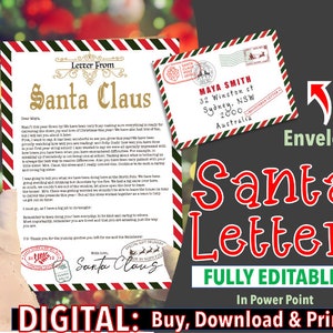 Carta de Papá Noel imprimible con sobre: Carta de Papá Noel editable, Carta de luz nocturna de Papá Noel, Lista de deseos de Papá Noel, Carta de cámara de Papá Noel
