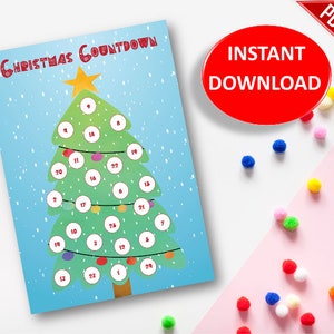 Christmas Tree Countdown Printable| Pom pom Christmas tree Countdown for Kids