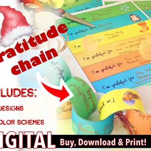 May include: A digital printable gratitude chain craft for kids. The image shows a colorful paper chain with a red Santa hat and the text "Gratitude chain" and "Includes: 14 designs, 5 color schemes".