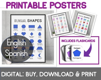 3X Bilingual Shapes Poster| Bilingual shapes flashcards l Montessori shapes| English Spanish Shapes | Figuras Geometricas Ingles