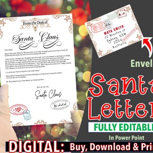 Carta de Santa Claus imprimible, Carta editable, Carta de Santa Nightlight, carta de Santa con sobre, lista de deseos de Santa, carta de cámara de Santa