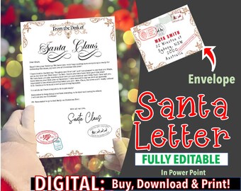 Santa Claus letter printable, Editable letter, Santa Nightlight Letter,  letter from Santa with envelope, Santa wish list,  Santa cam letter
