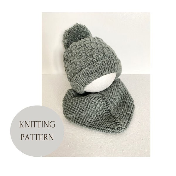 BUNDLE 2 knitting Patterns Baby Beanie Hat and Scarf from Merino Wool, english version, PDF pattern, easy pattern, size newborn to 2 years