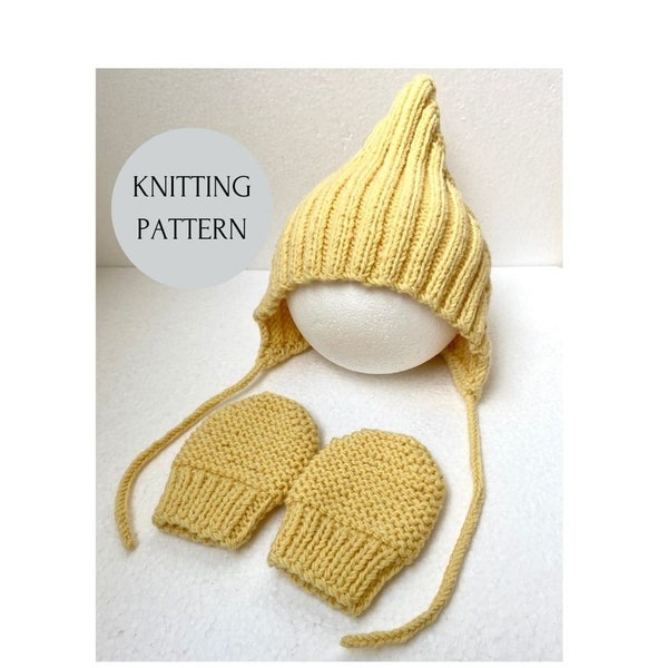 Knitting pattern: Baby set - bonnet pixie hat, mittens, bandana scarf, gnome hat, elf hat, pixie hat,retro hat, pointy hat