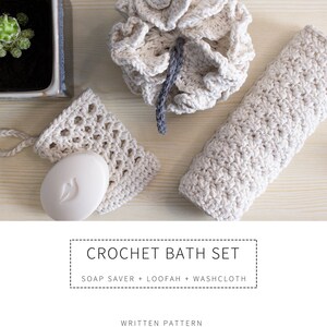 May include: A crochet bath set featuring a soap saver, loofah, and washcloth. The set is crafted from natural cotton yarn and is perfect for a relaxing bath time.
