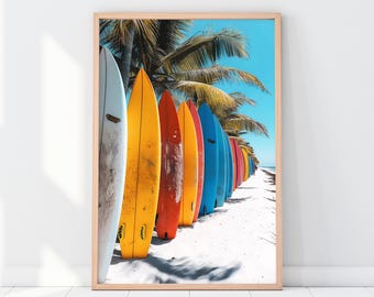 Colorful Surfboards Photography Print, Tropical Beach Wall Art & Surf Decor