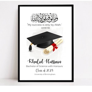 May include: A graduation certificate featuring a black graduation cap and a scroll. The certificate is for Khalid Hussain, Bachelor of Science with Honours, Class of 2023, University of Birmingham. The text 'My success is only by Allah.' is written in Arabic with the translation in English below.