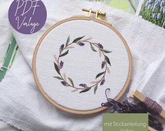 PDF embroidery template "Wreath flowers and leaves", 14 cm embroidery frame