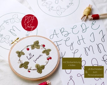 PDF embroidery pattern "Strawberry wreath hello summer" + alphabet for personalization, 16 cm embroidery hoop