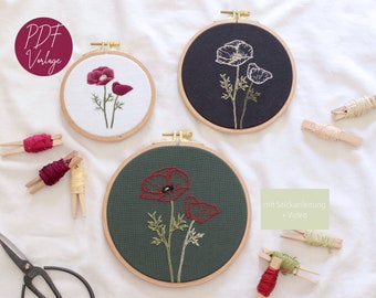 PDF embroidery pattern "Poppy", 11, 14 and 17 cm embroidery hoops, golden poppy, common poppy, Laurens Grape