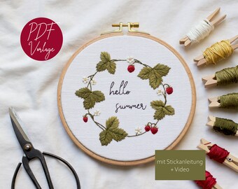 PDF embroidery pattern "Strawberry wreath hello summer", 16 cm embroidery hoop