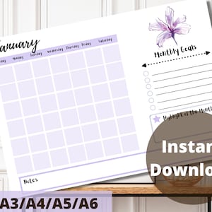 2025 Lavendar Blankokalender, großer Wandkalender, Monatskalender, ewiger Kalender, undatierter Kalender, lila, printable
