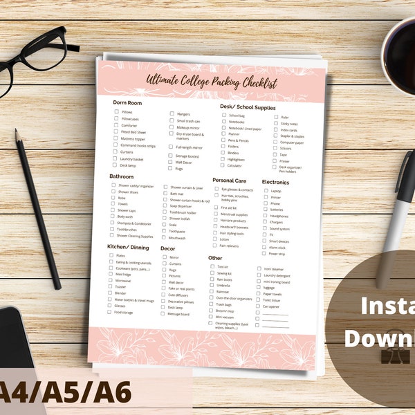 Ultimate College Dorm Room Checklist for Girls- Dorm Essentials- Checklist Template- US/A4/A5/A6 Printable