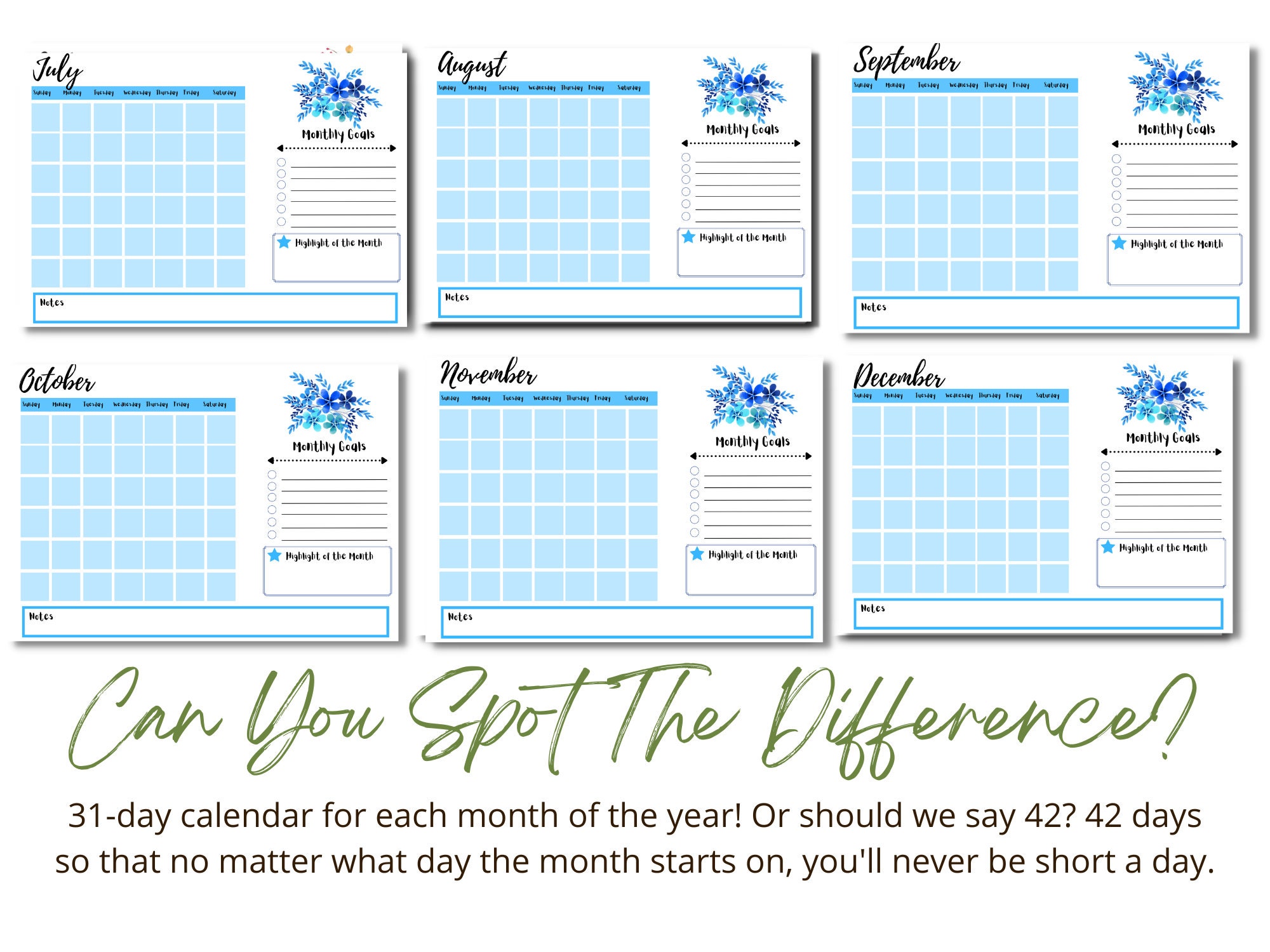 Blank Calendar Printable Large Wall Calendar Monthly Calendar Cute Blue ...