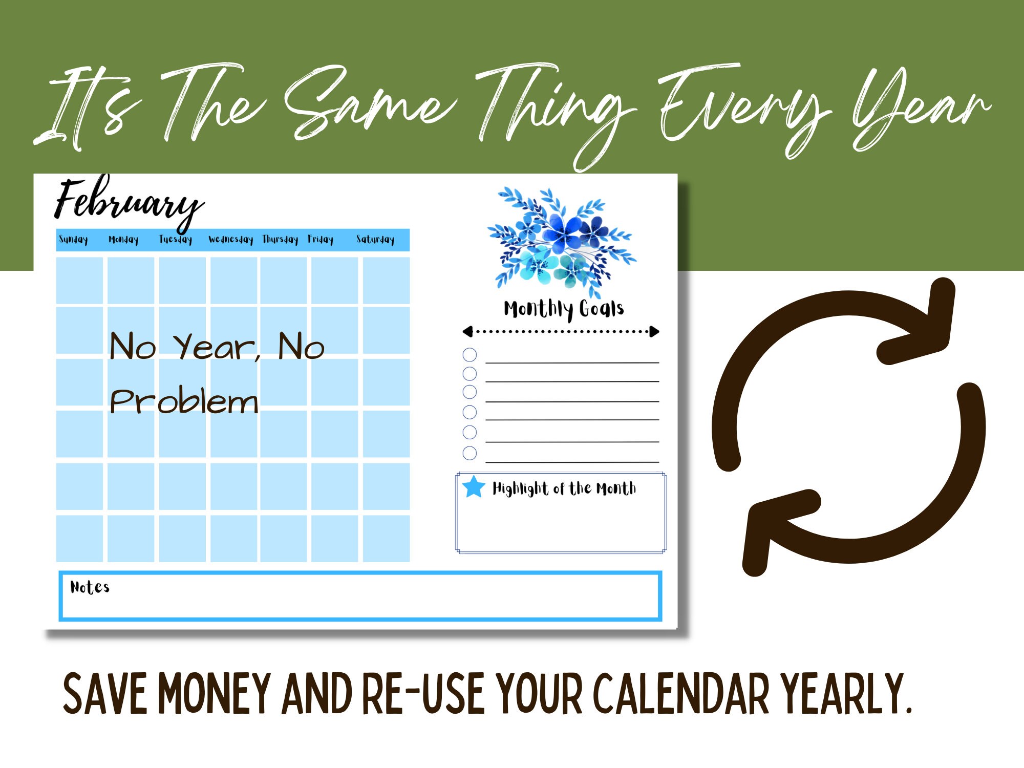 Blank Calendar Printable Large Wall Calendar Monthly Calendar Cute Blue ...