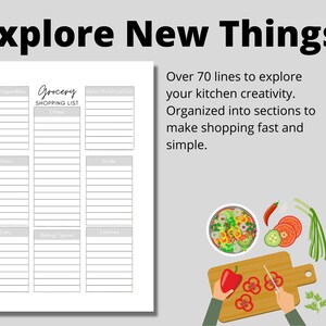 May include: A printable grocery shopping list with over 70 lines to help organize your kitchen needs. The list is divided into sections for fruits and vegetables, grains, dairy, baking and spices, meat, poultry and fish, and other items.